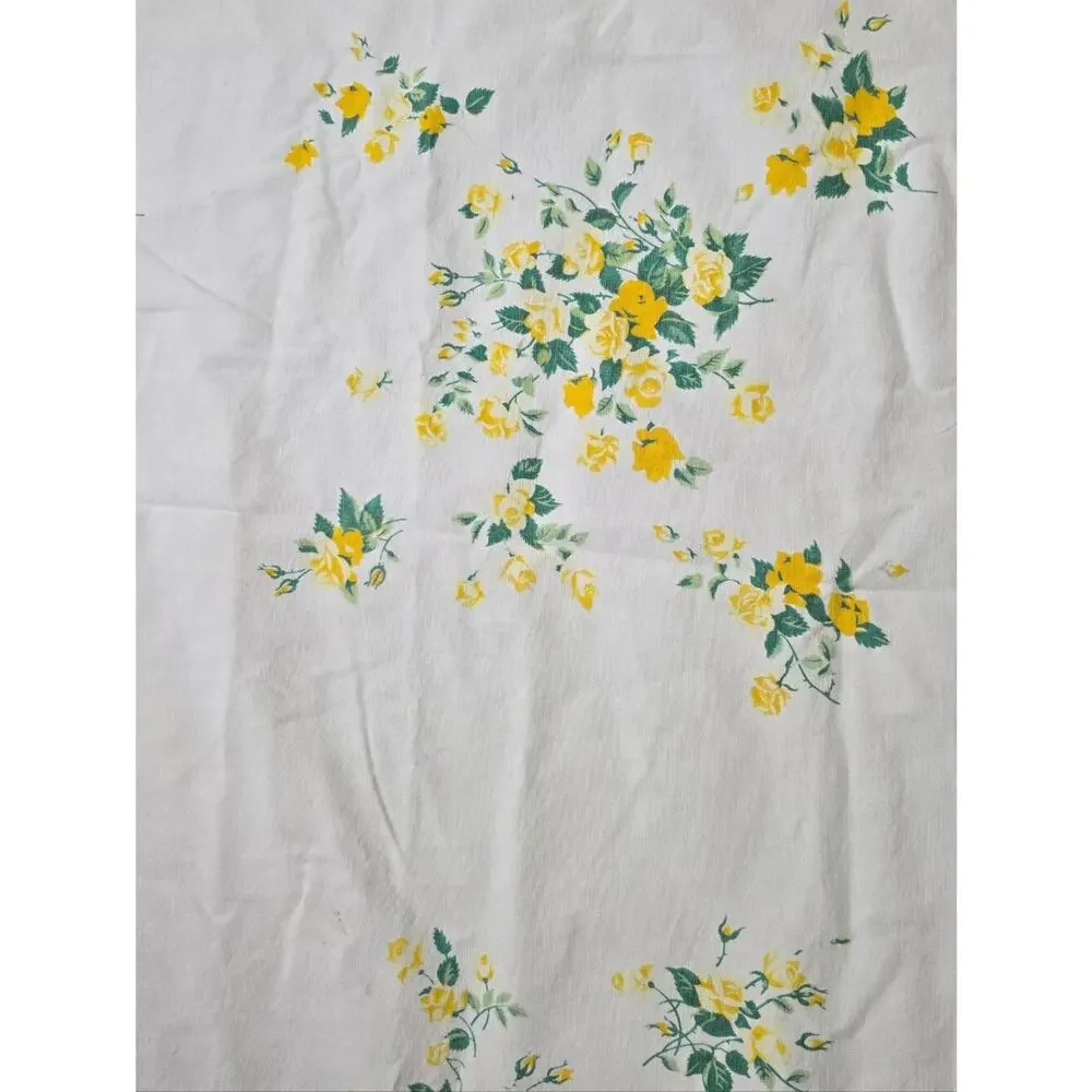 Vtg 50s Wilendur Floral Yellow Cabbage Rose Table Cloth Cottagecore Granny